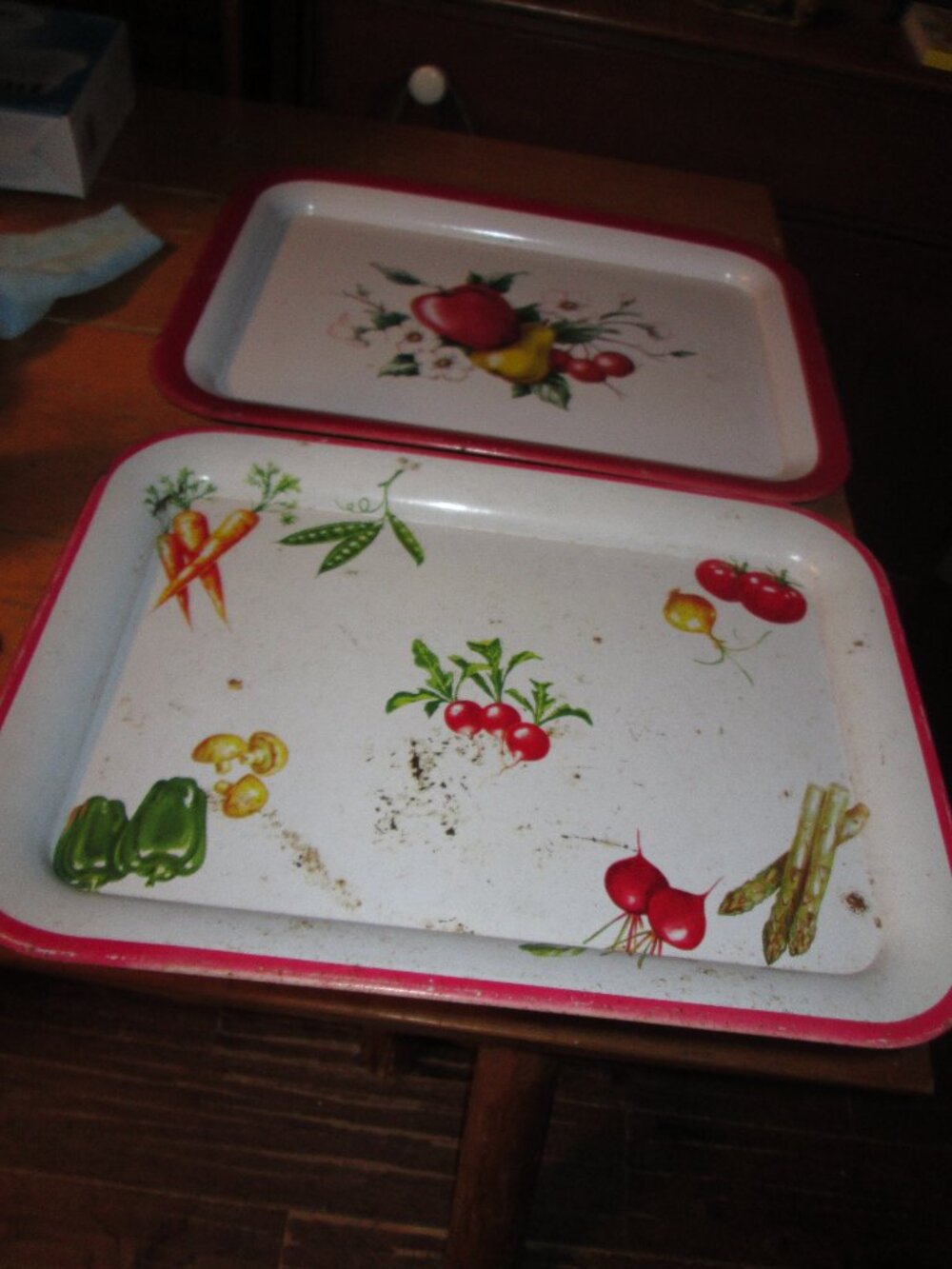 2 MCM lap TV trays white red one veg one fruit shabby chic farm decor